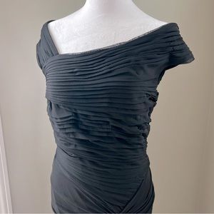 Tadashi Shoji black chiffon long gown with small train .